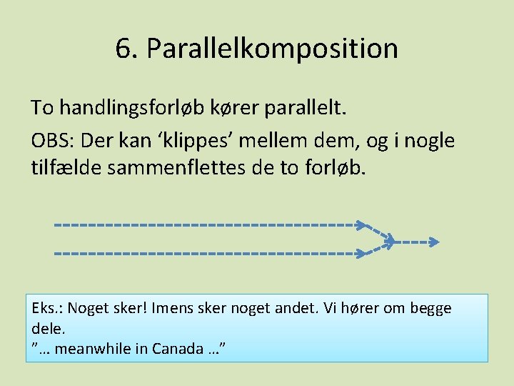 6. Parallelkomposition To handlingsforløb kører parallelt. OBS: Der kan ‘klippes’ mellem dem, og i