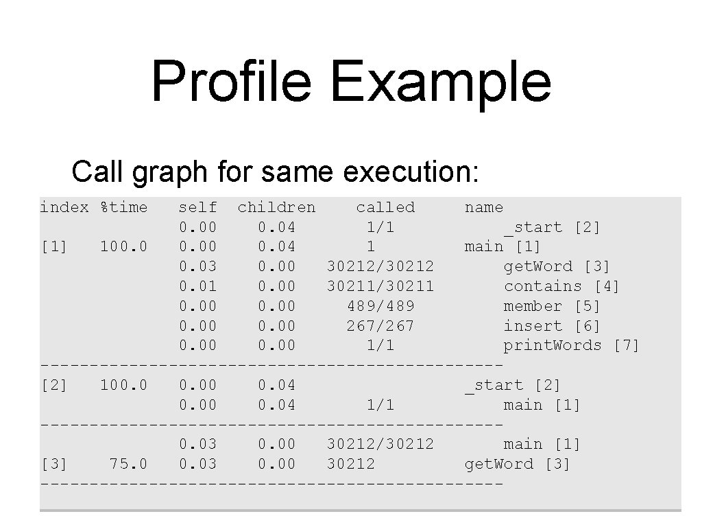 Profile Example Call graph for same execution: index %time self children called name 0.