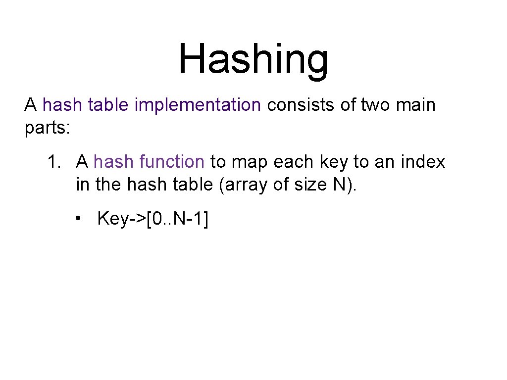 Hashing A hash table implementation consists of two main parts: 1. A hash function