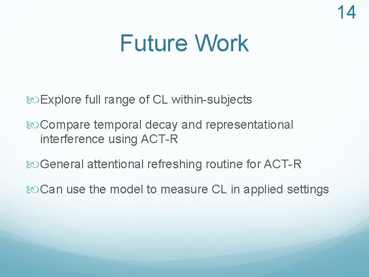 14 Future Work Explore full range of CL within-subjects Compare temporal decay and representational