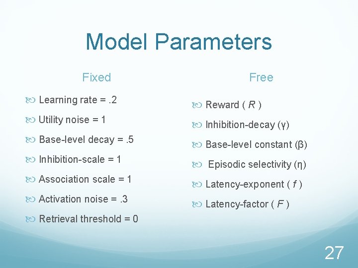 Model Parameters Fixed Free Learning rate =. 2 Reward ( R ) Utility noise