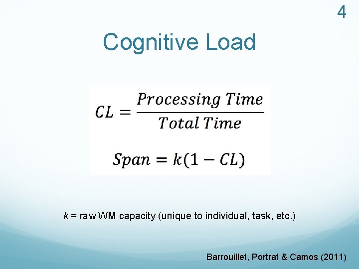 4 Cognitive Load k = raw WM capacity (unique to individual, task, etc. )