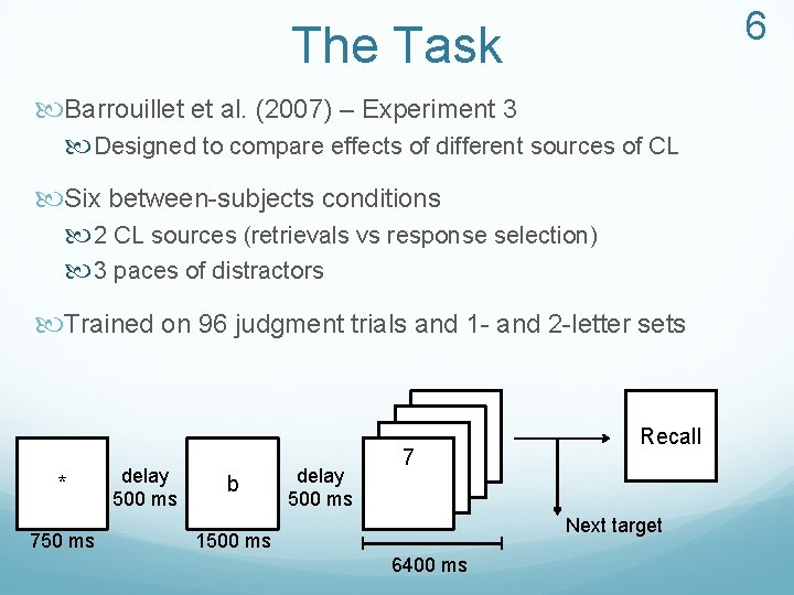 6 The Task Barrouillet et al. (2007) – Experiment 3 Designed to compare effects