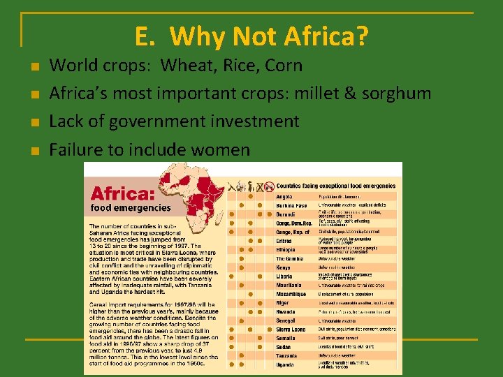 E. Why Not Africa? n n World crops: Wheat, Rice, Corn Africa’s most important