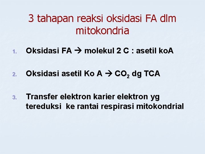 3 tahapan reaksi oksidasi FA dlm mitokondria 1. Oksidasi FA molekul 2 C :