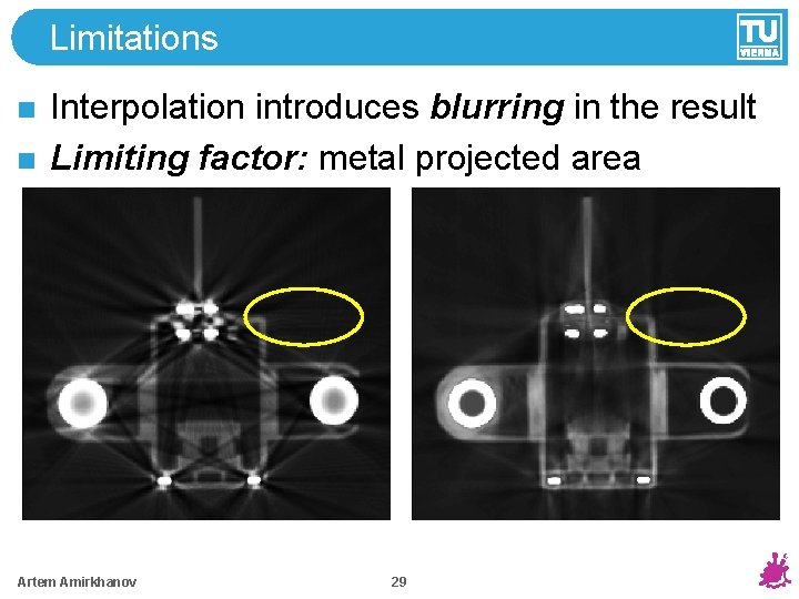 Limitations Interpolation introduces blurring in the result Limiting factor: metal projected area Artem Amirkhanov