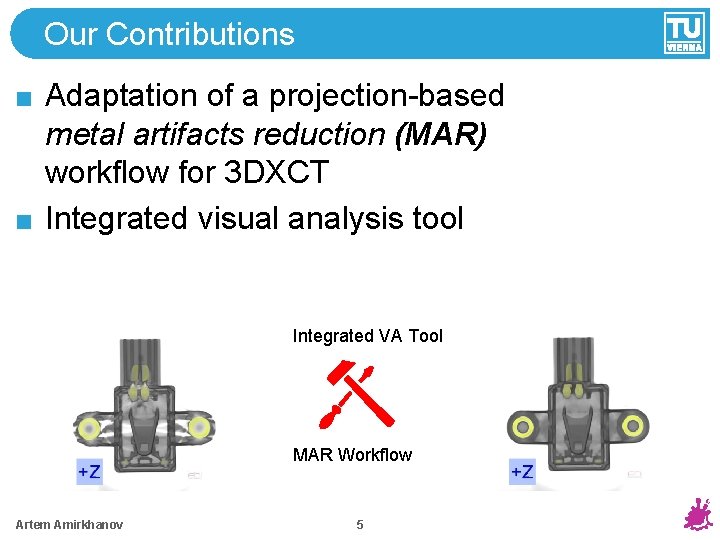 Our Contributions Adaptation of a projection-based metal artifacts reduction (MAR) workflow for 3 DXCT