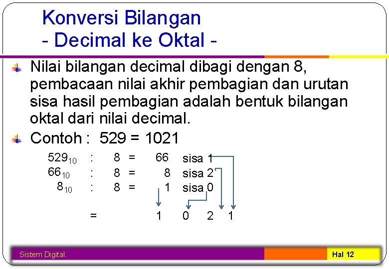 Konversi Bilangan - Decimal ke Oktal Nilai bilangan decimal dibagi dengan 8, pembacaan nilai