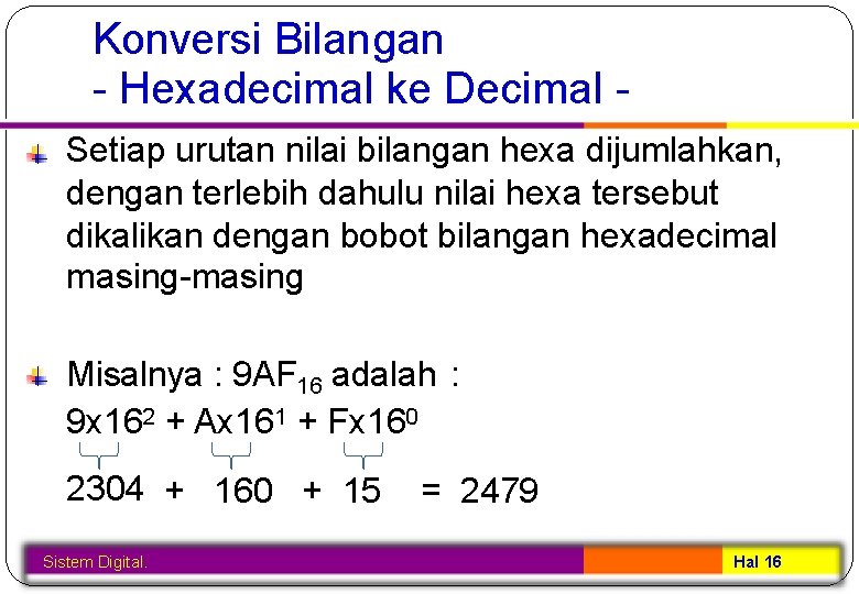Konversi Bilangan - Hexadecimal ke Decimal Setiap urutan nilai bilangan hexa dijumlahkan, dengan terlebih
