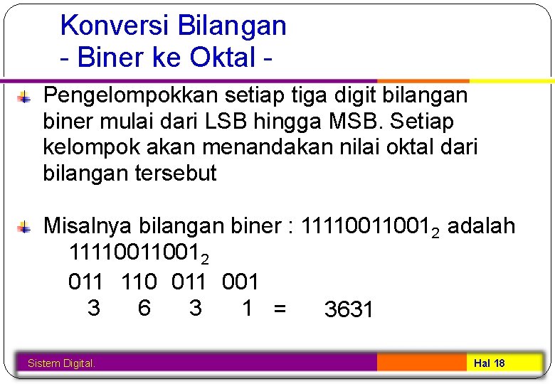 Konversi Bilangan - Biner ke Oktal Pengelompokkan setiap tiga digit bilangan biner mulai dari