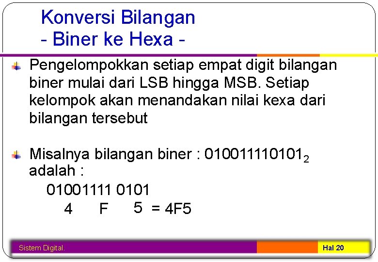 Konversi Bilangan - Biner ke Hexa Pengelompokkan setiap empat digit bilangan biner mulai dari