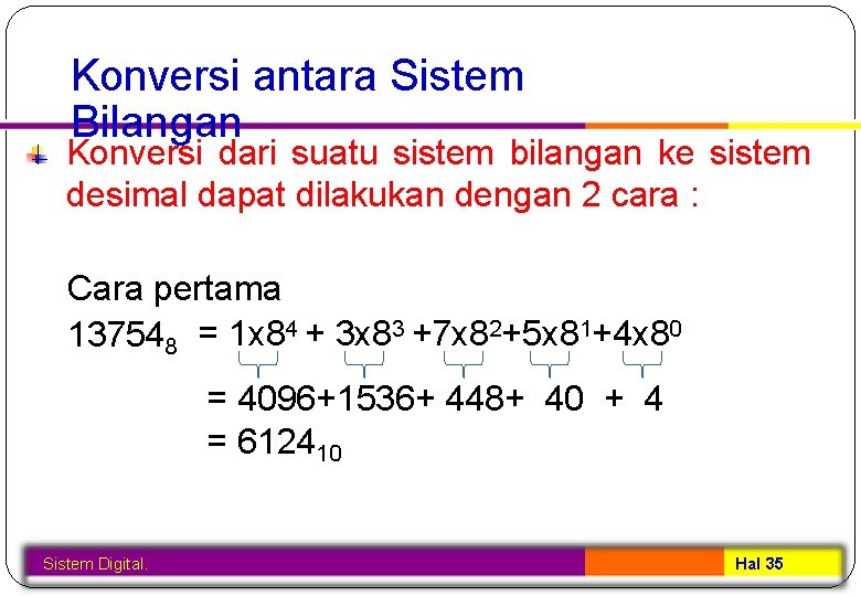 Konversi antara Sistem Bilangan Konversi dari suatu sistem bilangan ke sistem desimal dapat dilakukan