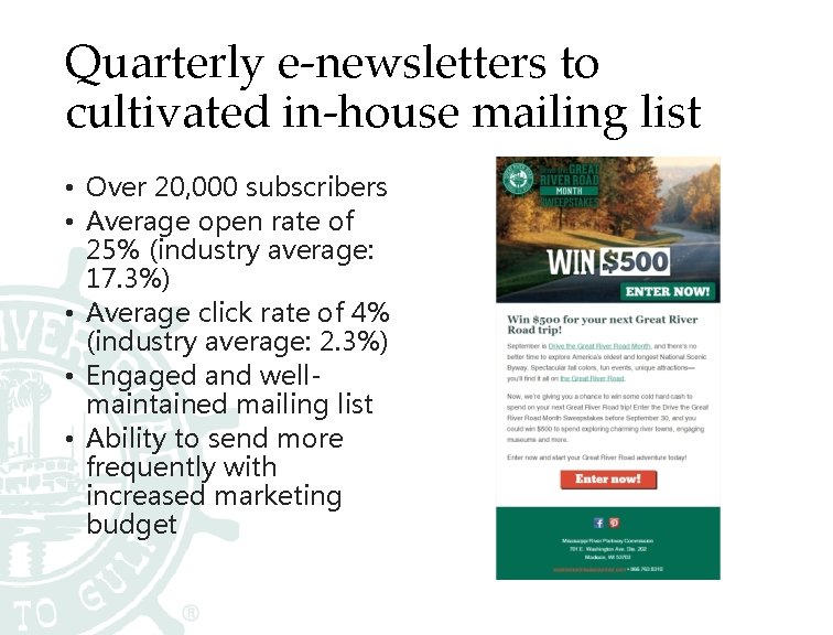 Quarterly e-newsletters to cultivated in-house mailing list • Over 20, 000 subscribers • Average