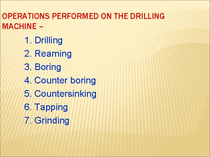 OPERATIONS PERFORMED ON THE DRILLING MACHINE – 1. Drilling 2. Reaming 3. Boring 4.