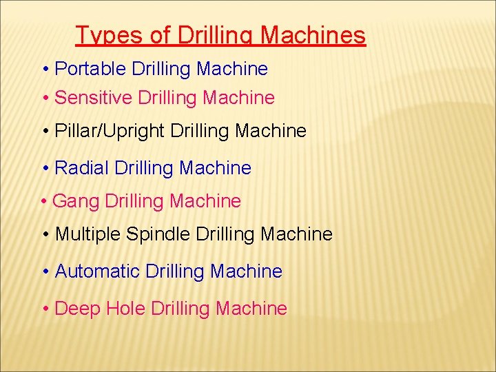 Types of Drilling Machines • Portable Drilling Machine • Sensitive Drilling Machine • Pillar/Upright