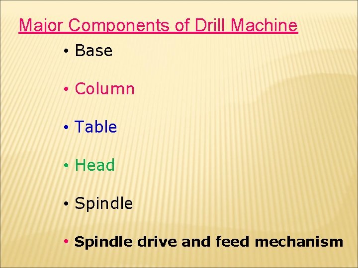 Major Components of Drill Machine • Base • Column • Table • Head •