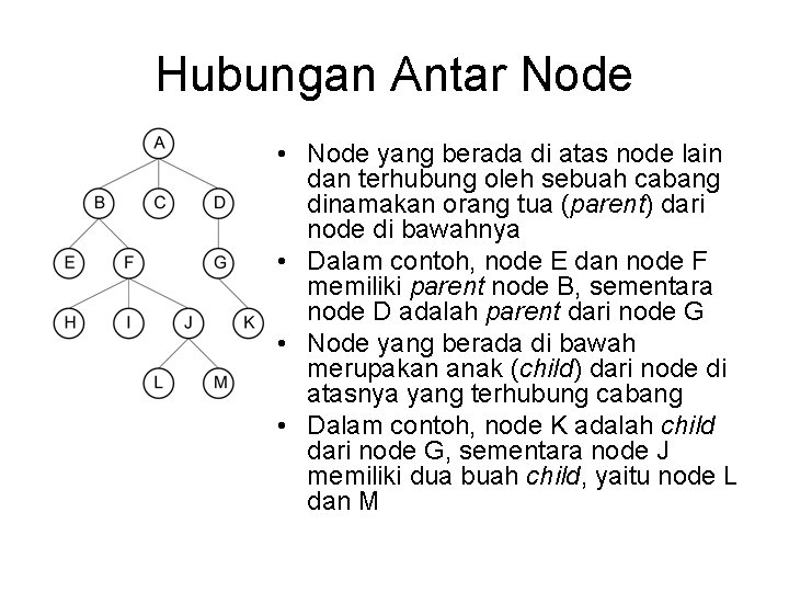 Hubungan Antar Node • Node yang berada di atas node lain dan terhubung oleh