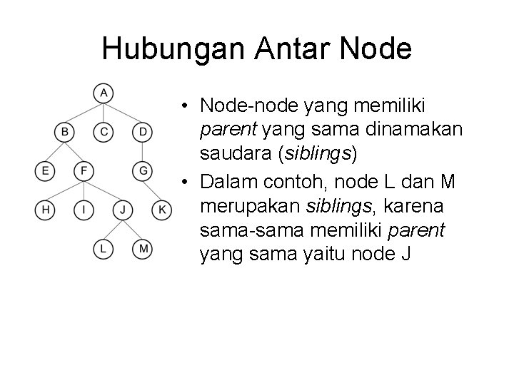 Hubungan Antar Node • Node-node yang memiliki parent yang sama dinamakan saudara (siblings) •