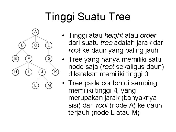 Tinggi Suatu Tree • Tinggi atau height atau order dari suatu tree adalah jarak