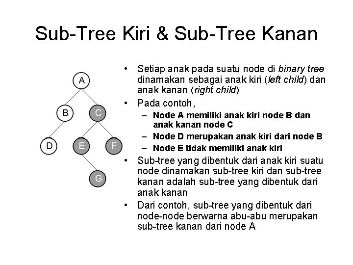 Sub-Tree Kiri & Sub-Tree Kanan • Setiap anak pada suatu node di binary tree