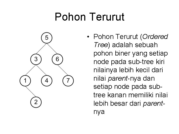 Pohon Terurut • Pohon Terurut (Ordered Tree) adalah sebuah pohon biner yang setiap node