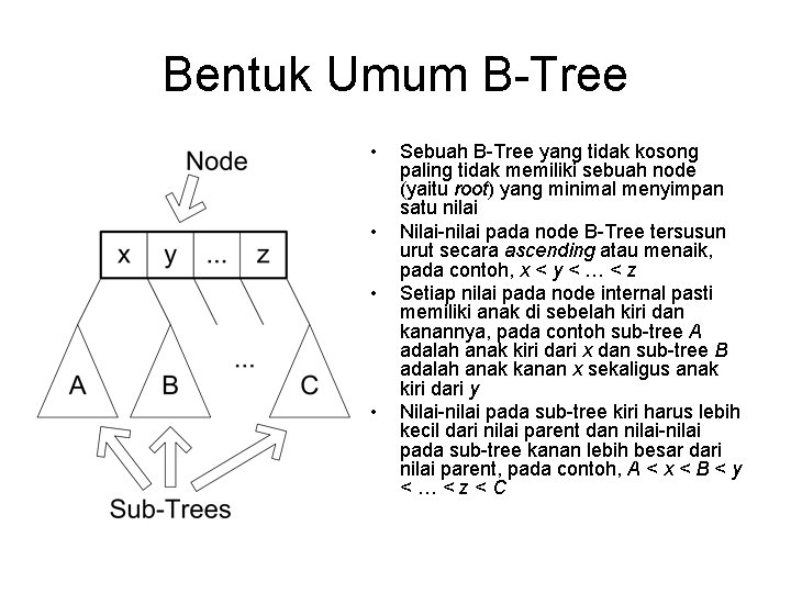 Bentuk Umum B-Tree • • Sebuah B-Tree yang tidak kosong paling tidak memiliki sebuah