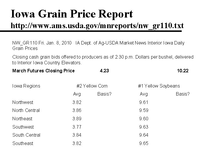 Iowa Grain Price Report http: //www. ams. usda. gov/mnreports/nw_gr 110. txt NW_GR 110 Fri.