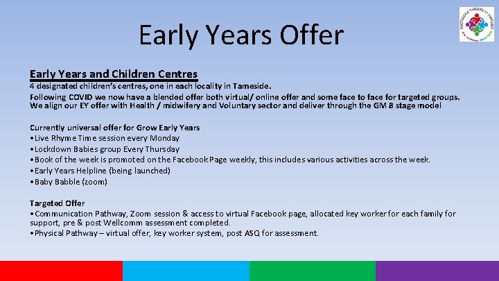 Early Years Offer Early Years and Children Centres 4 designated children’s centres, one in