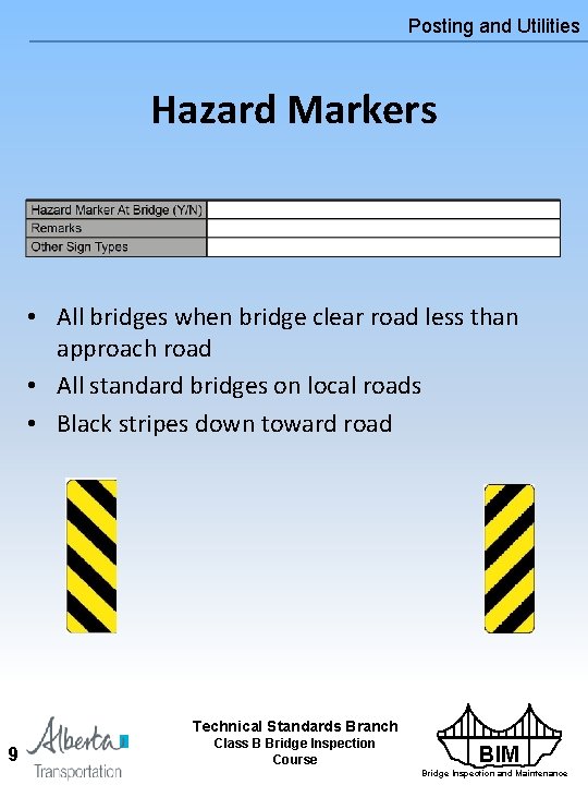 Posting and Utilities Hazard Markers • All bridges when bridge clear road less than