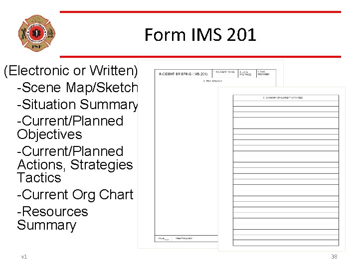 Form IMS 201 (Electronic or Written) -Scene Map/Sketch -Situation Summary -Current/Planned Objectives -Current/Planned Actions,