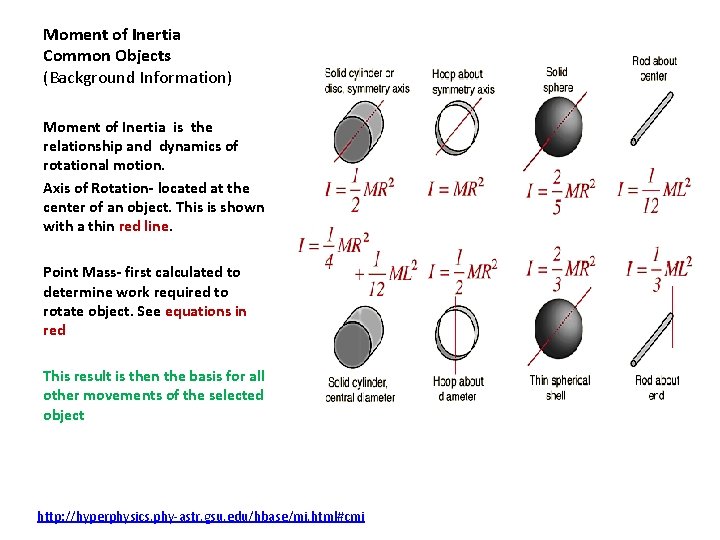 Moment of Inertia Common Objects (Background Information) Moment of Inertia is the relationship and Moment of Inertia Common Objects (Background Information) Moment of Inertia is the relationship and