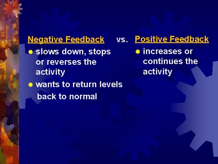 Negative Feedback vs. Positive Feedback ® increases or ® slows down, stops continues the