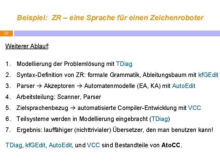 Beispiel: ZR – eine Sprache für einen Zeichenroboter 22 Weiterer Ablauf: 1. Modellierung der