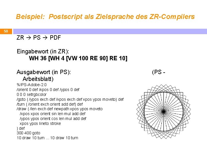 Beispiel: Postscript als Zielsprache des ZR-Compilers 50 ZR PS PDF Eingabewort (in ZR): WH