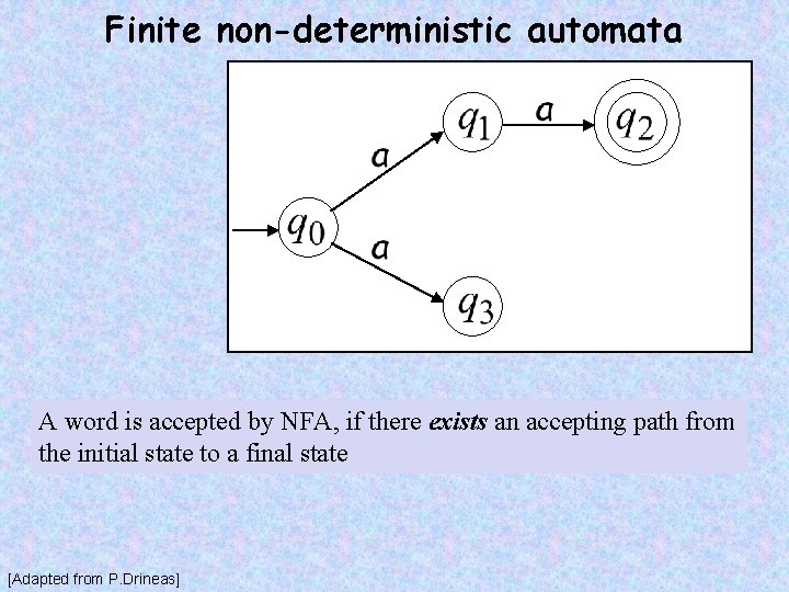 Finite non-deterministic automata A word is accepted by NFA, if there exists an accepting