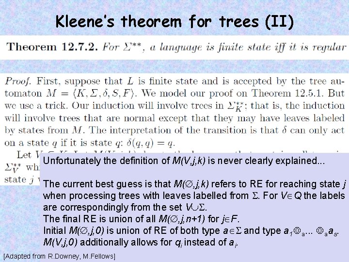 Kleene’s theorem for trees (II) Unfortunately the definition of M(V, j, k) is never