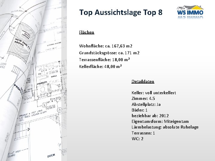 Top Aussichtslage Top 8 Flächen Wohnfläche: ca. 167, 63 m 2 Grundstücksgrösse: ca. 171