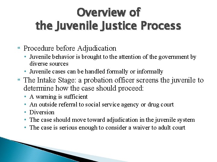 Overview of the Juvenile Justice Process Procedure before Adjudication • Juvenile behavior is brought