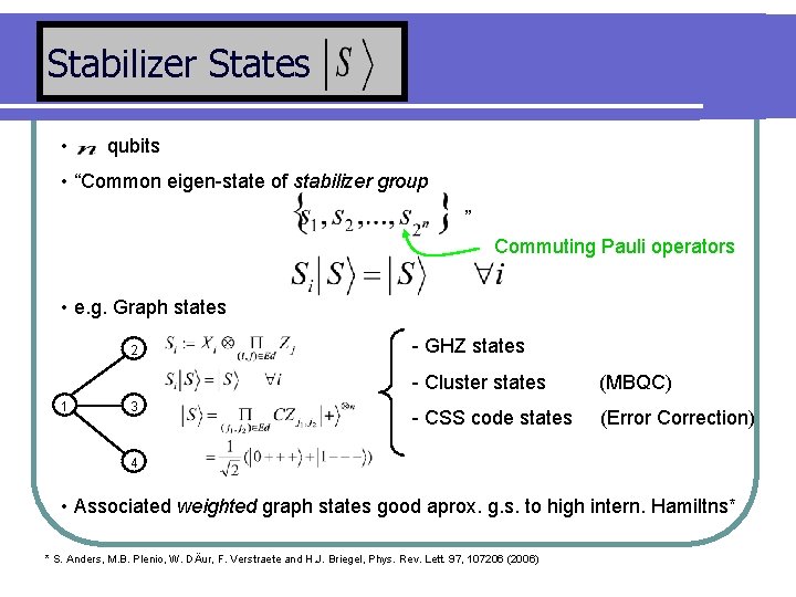 Stabilizer States • qubits • “Common eigen-state of stabilizer group. ” Commuting Pauli operators