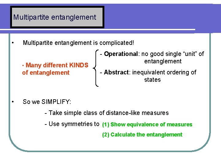 Multipartite entanglement • Multipartite entanglement is complicated! • Many different KINDS of entanglement •