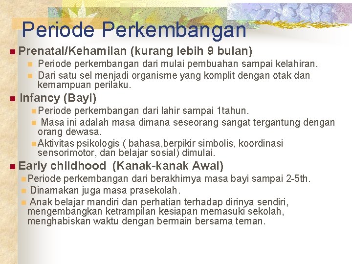 Periode Perkembangan n Prenatal/Kehamilan n (kurang lebih 9 bulan) Periode perkembangan dari mulai pembuahan