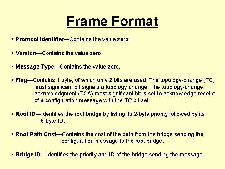 Frame Format • Protocol Identifier—Contains the value zero. • Version—Contains the value zero. •