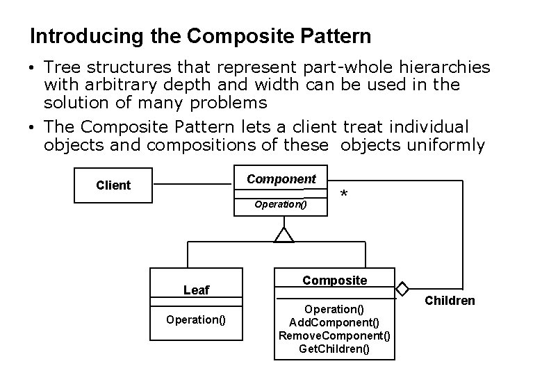 Introducing the Composite Pattern • Tree structures that represent part-whole hierarchies with arbitrary depth