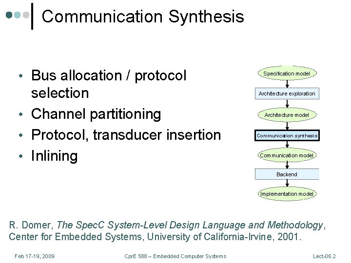 Communication Synthesis • Bus allocation / protocol selection • Channel partitioning • Protocol, transducer