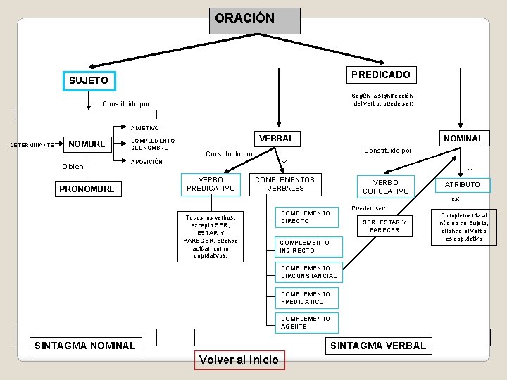 ORACIÓN PREDICADO SUJETO Según la significación del verbo, puede ser: Constituido por ADJETIVO DETERMINANTE