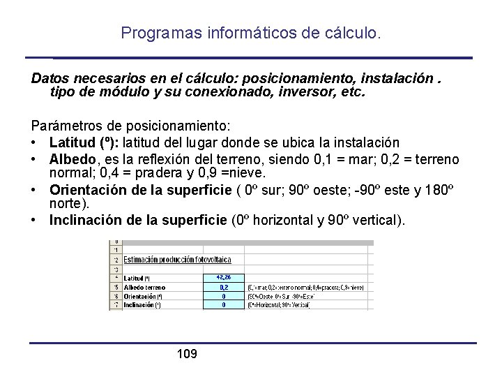 Programas informáticos de cálculo. Datos necesarios en el cálculo: posicionamiento, instalación. tipo de módulo