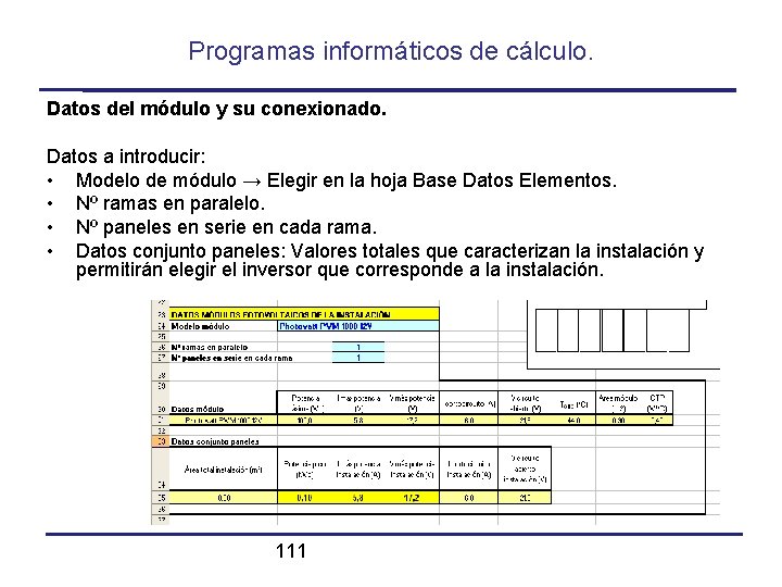 Programas informáticos de cálculo. Datos del módulo y su conexionado. Datos a introducir: •