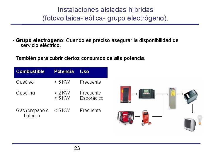 Instalaciones aisladas híbridas (fotovoltaica- eólica- grupo electrógeno). - Grupo electrógeno: Cuando es preciso asegurar