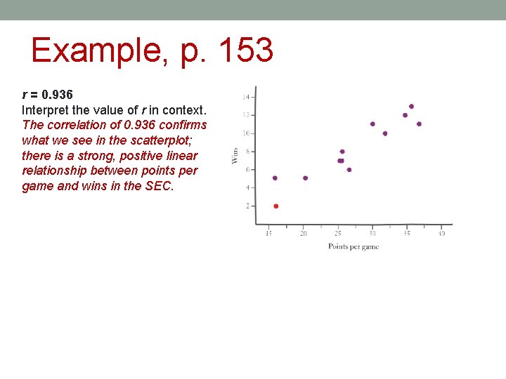 Example, p. 153 r = 0. 936 Interpret the value of r in context.