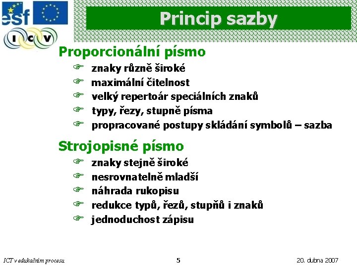 Princip sazby Proporcionální písmo F F F znaky různě široké maximální čitelnost velký repertoár